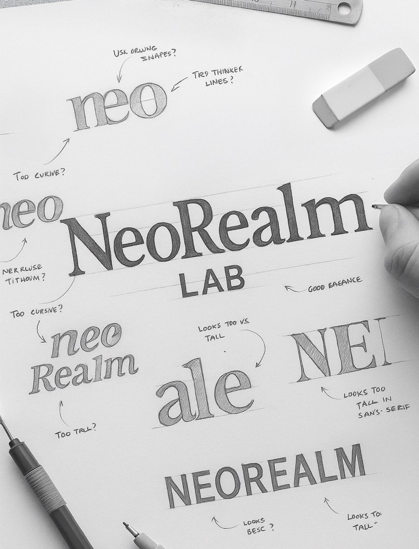 NeoRealm LAB 字標手繪草圖與設計筆記