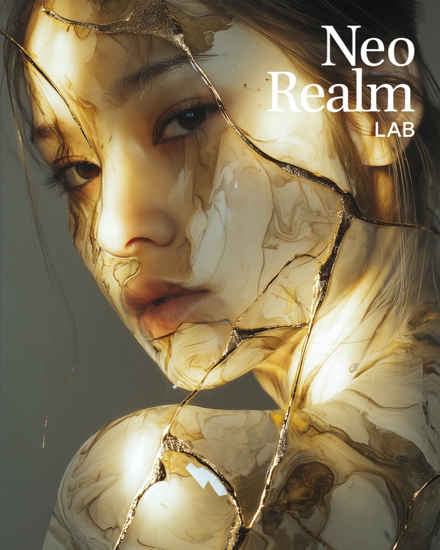 金色裂紋材質覆蓋人物的實驗肖像作品
